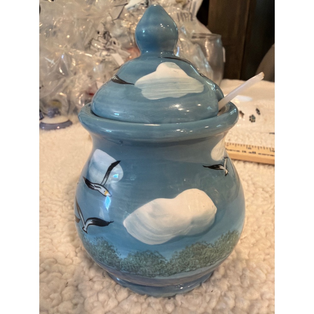 Youngs Inc Heartfelt Kitchen Creations Seagull Cloud‎ Ceramic Jam Jar with Spoon